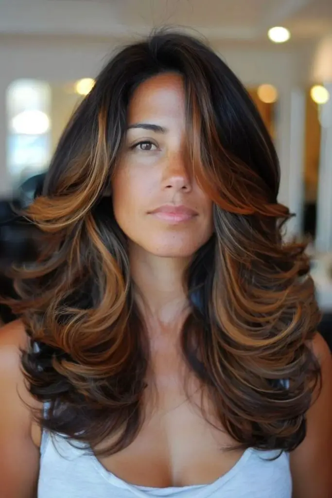 Molten amber caramel over dark hair