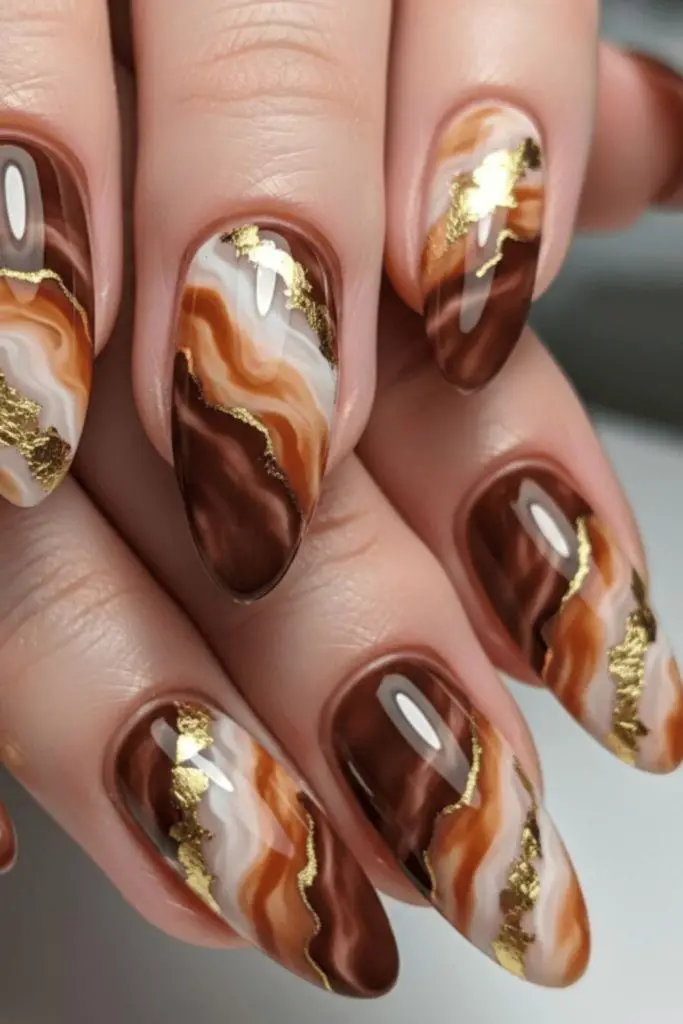 Brown gold marbled textured nails