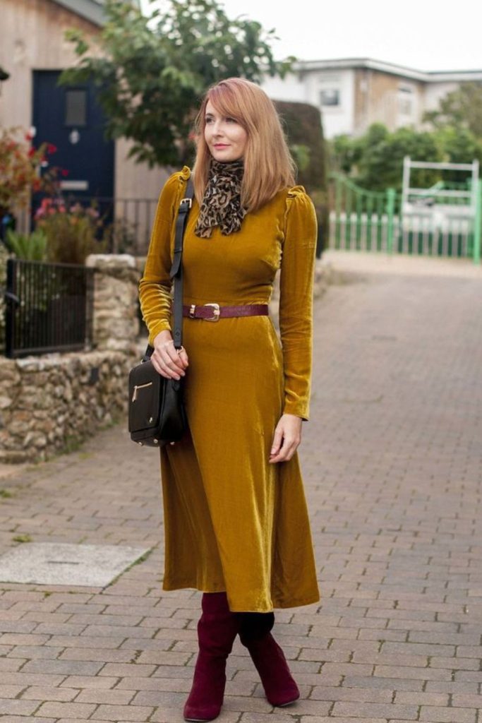 Mustard midi dress and tall boots