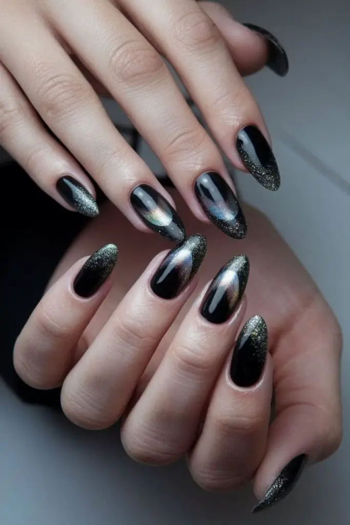 Black silver reflective glitter nails
