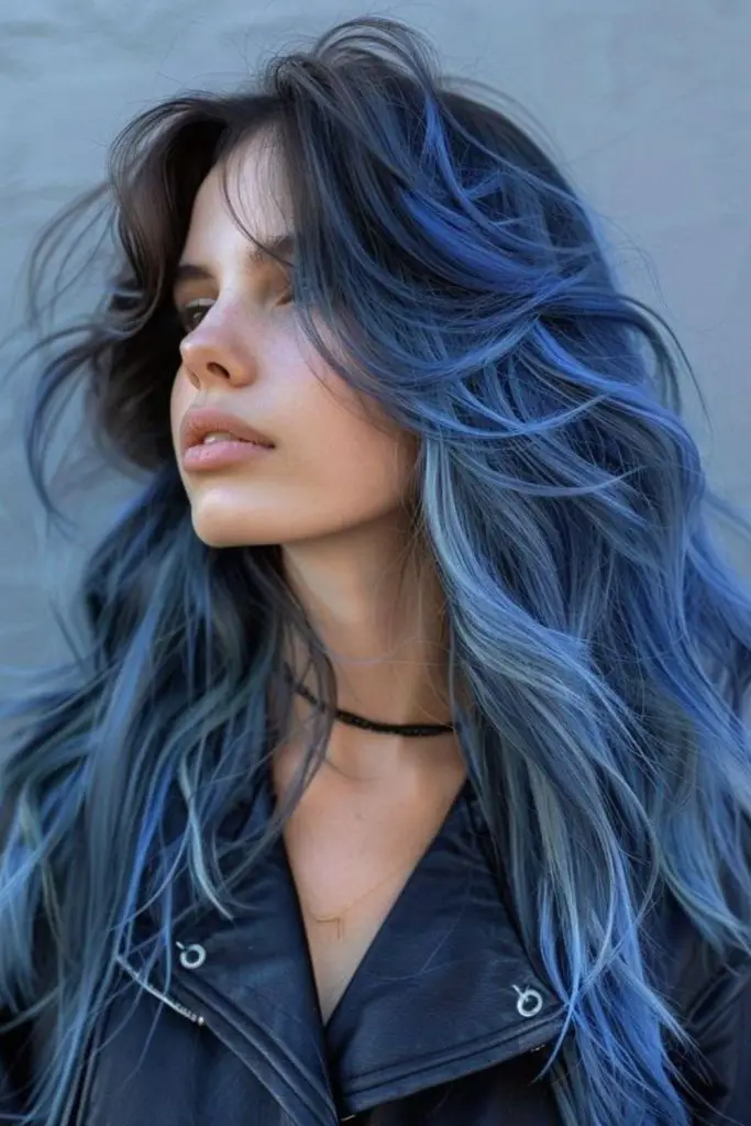 Rich sapphire blue flowing hair.