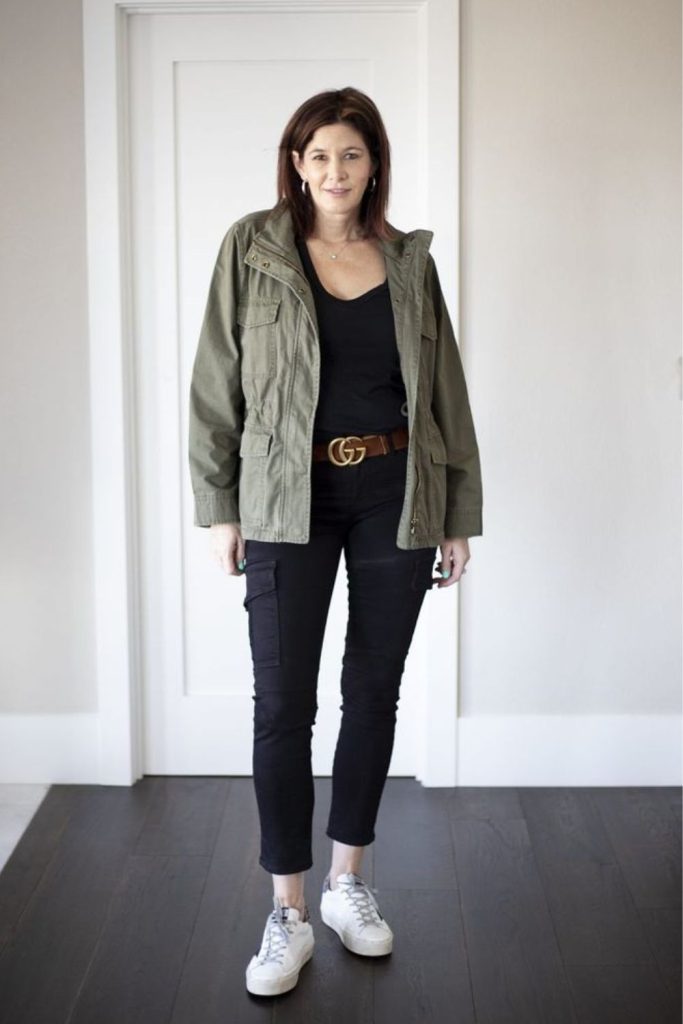 Olive utility jacket and lace-up boots