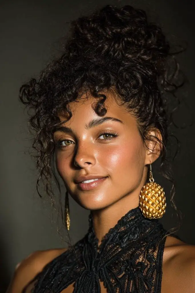 Pineapple updo with lifted curly bounce.