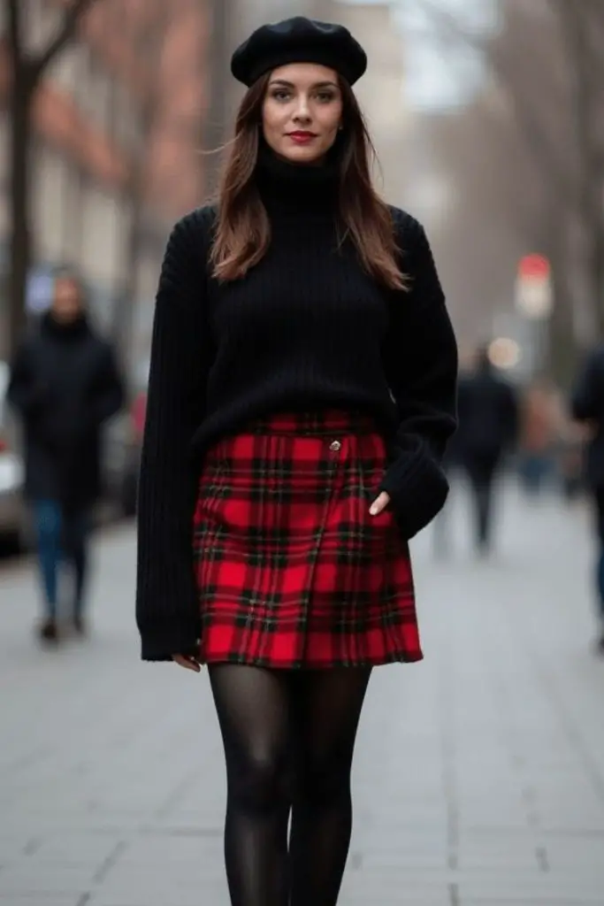 Plaid skirt layered winter outfit