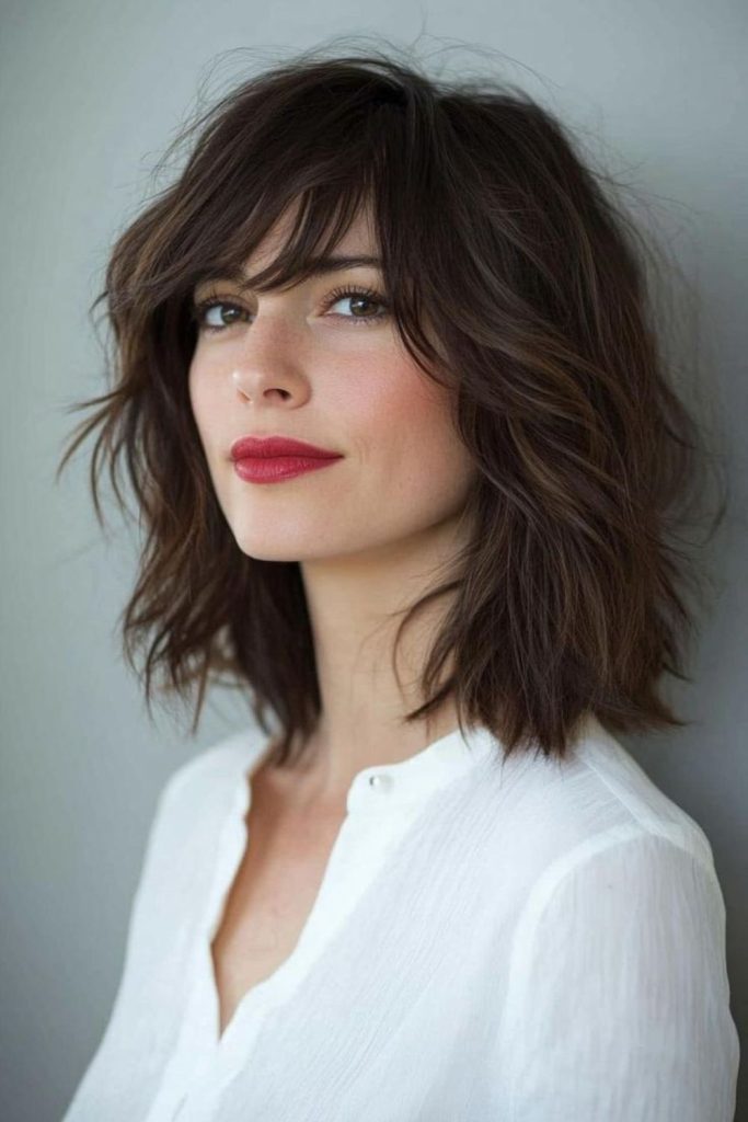 Polished wavy lob with side bangs