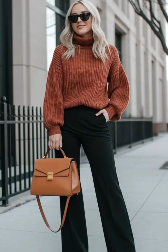 Burnt orange sweater with flared jeans