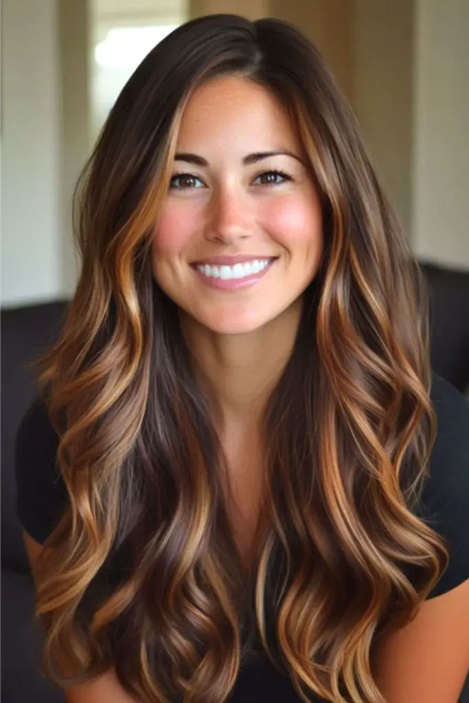 Radiant caramel veins across dark locks