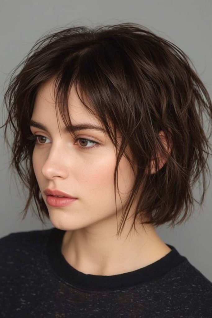 Rain-streak bob with wet-look style