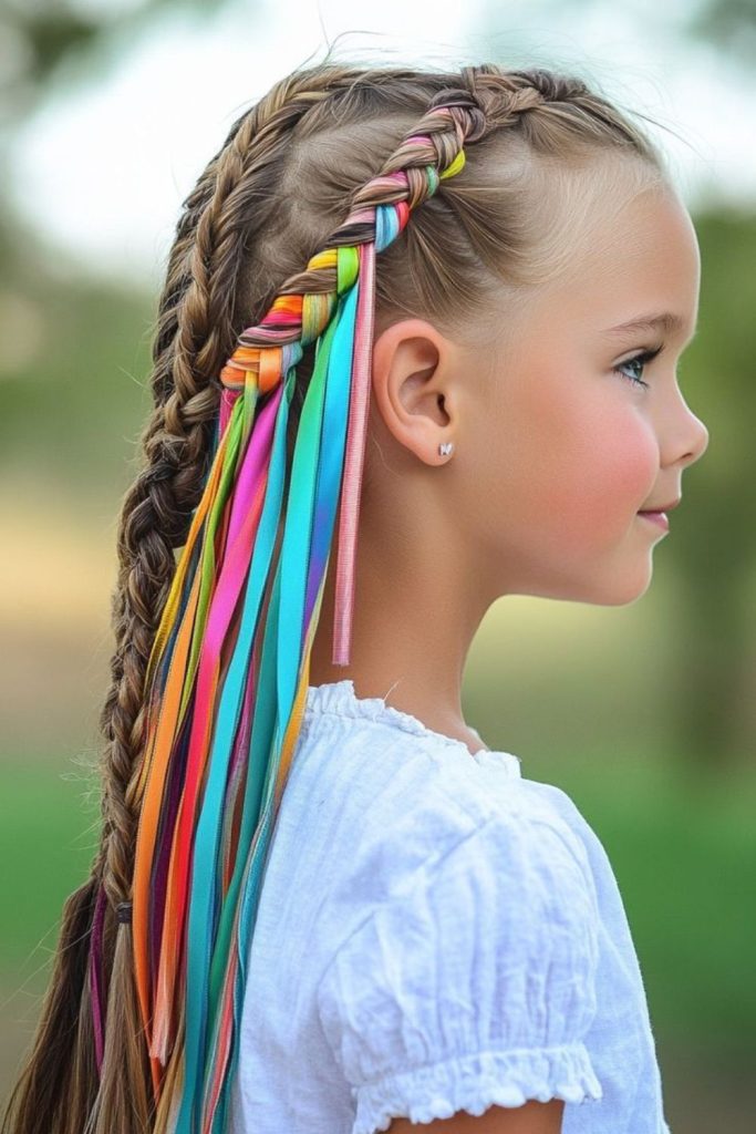 Colorful ribbon braids for playful kids.