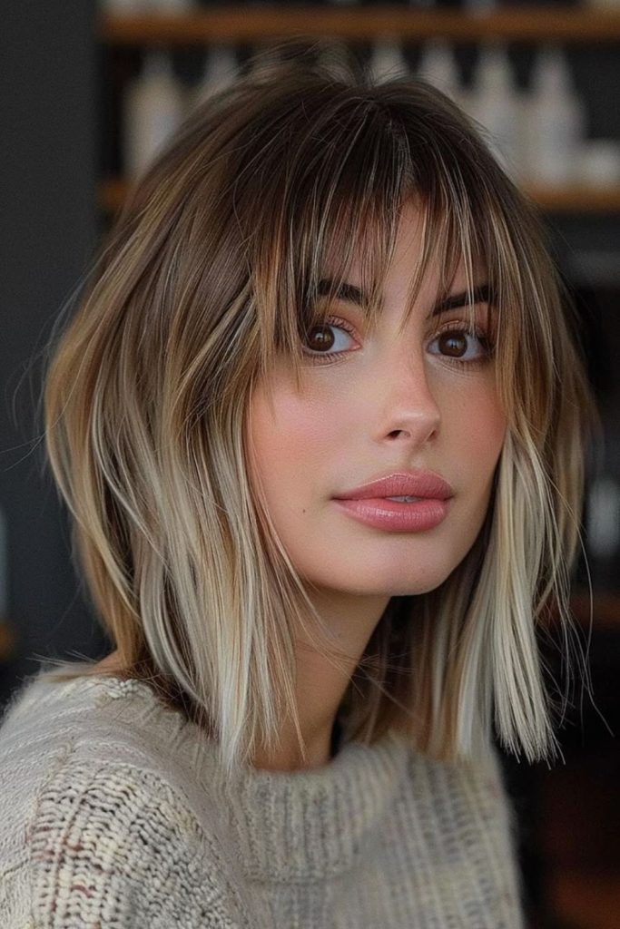 Razor cut lob with blunt fringe