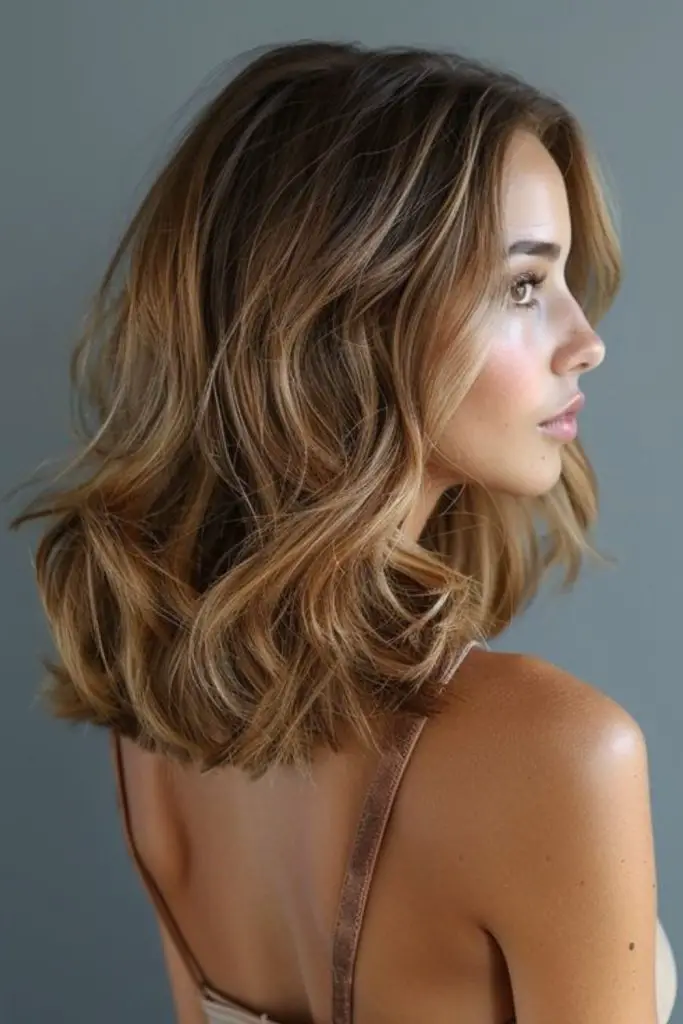 Relaxed wave lob tousled collarbone style