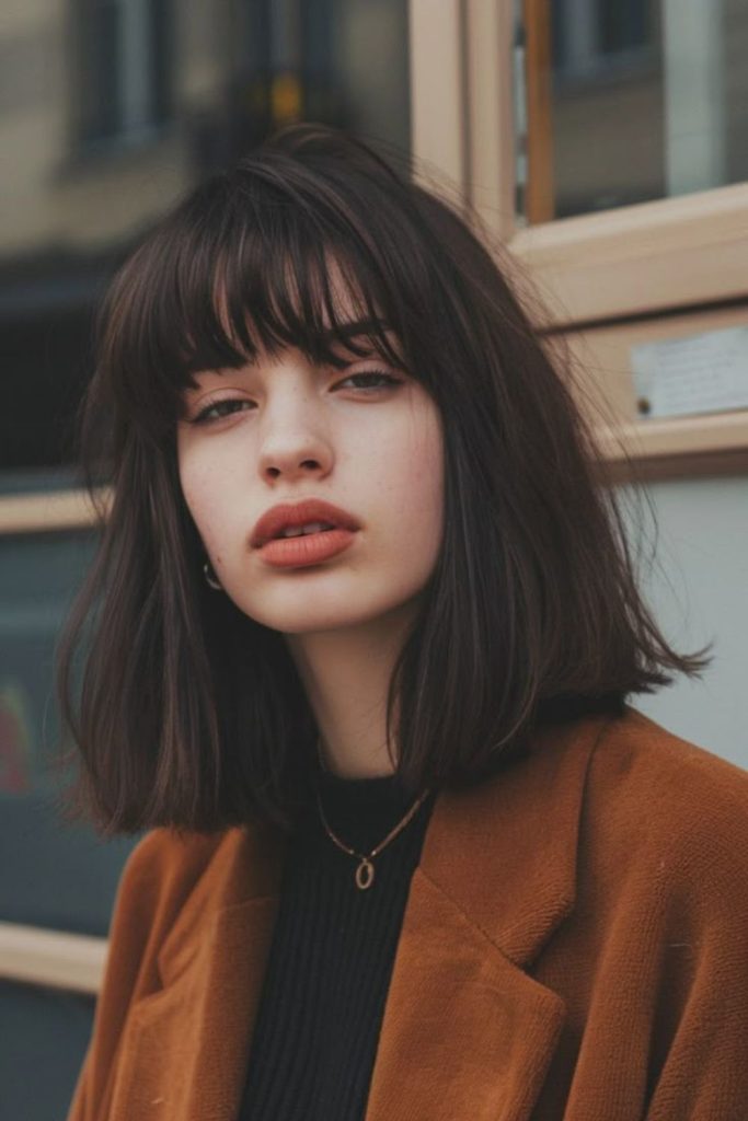 Retro lob hairstyle with short bangs