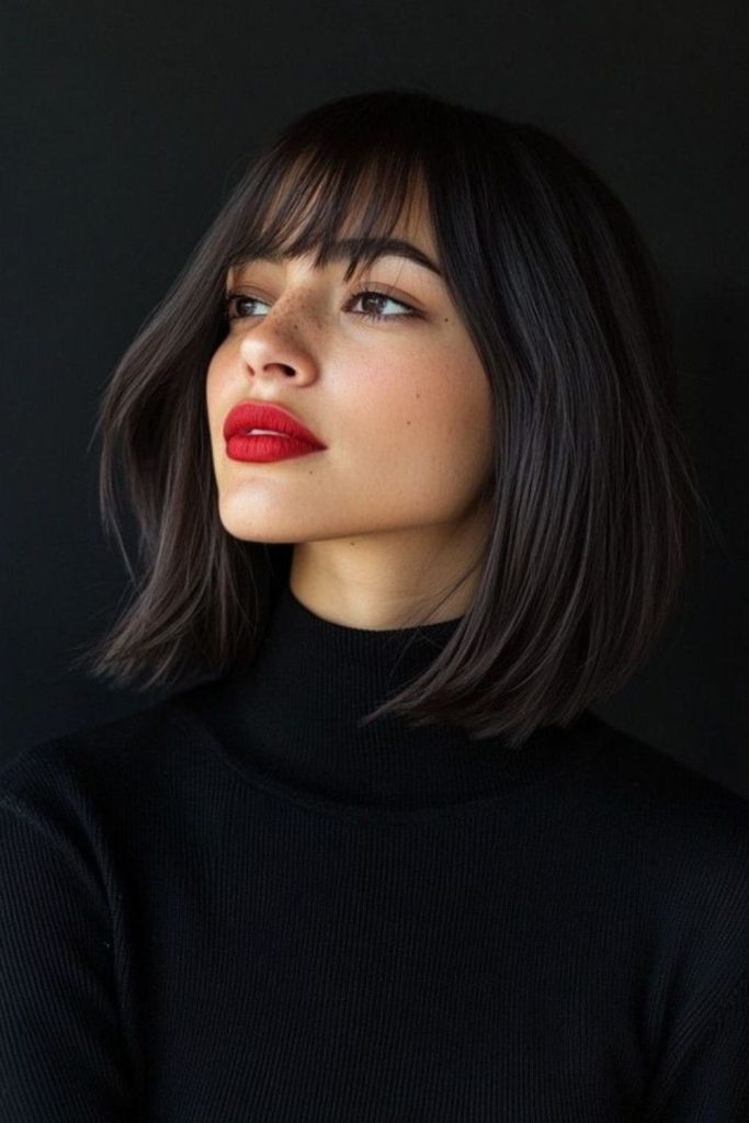Romantic lob haircut with curved bangs