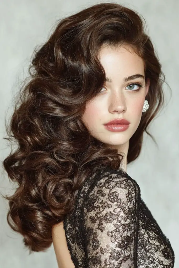 Romantic side sweep for curly hair.