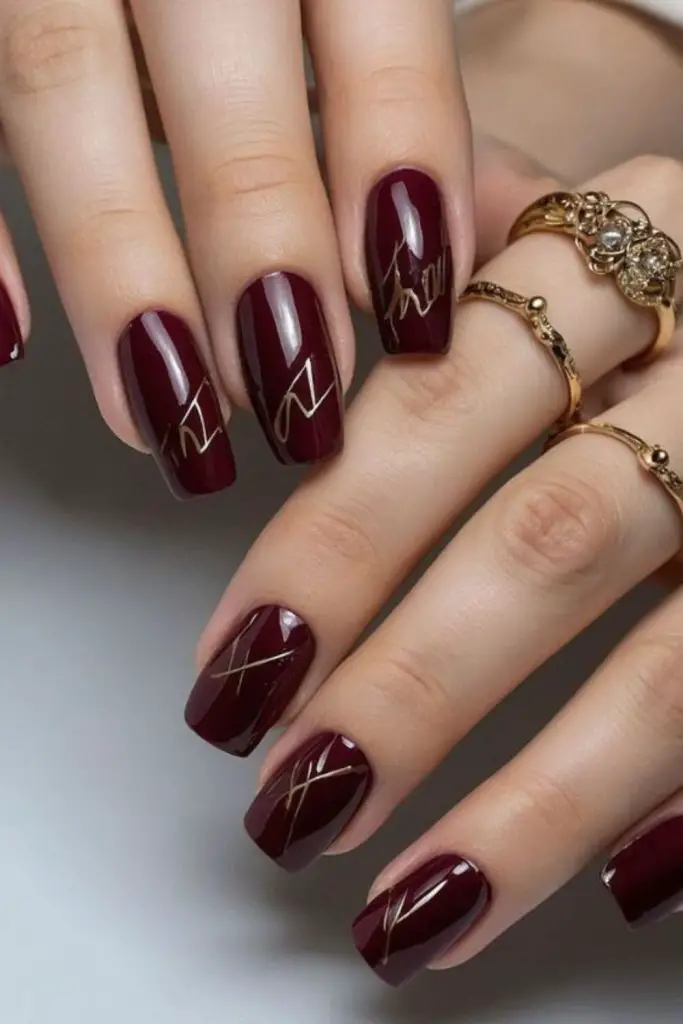 Rustic burgundy glossy fall nails