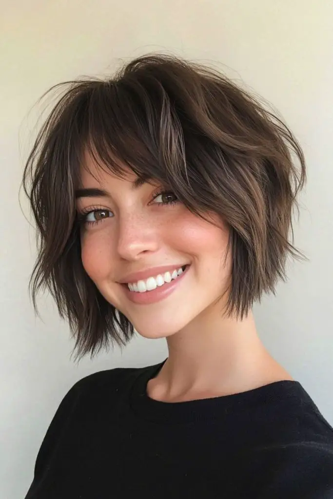 Shagged curtain bang bob cut