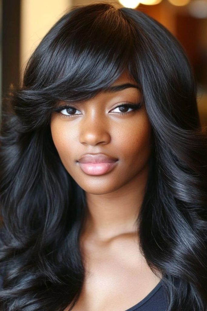 Sharp side-swept bangs straight hair