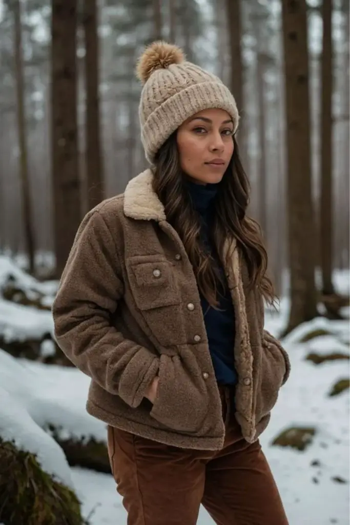 Sherpa-lined jacket cozy casual outfit