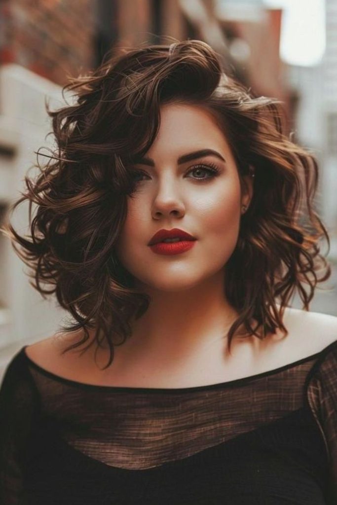 Shoulder length curly hairstyle round face