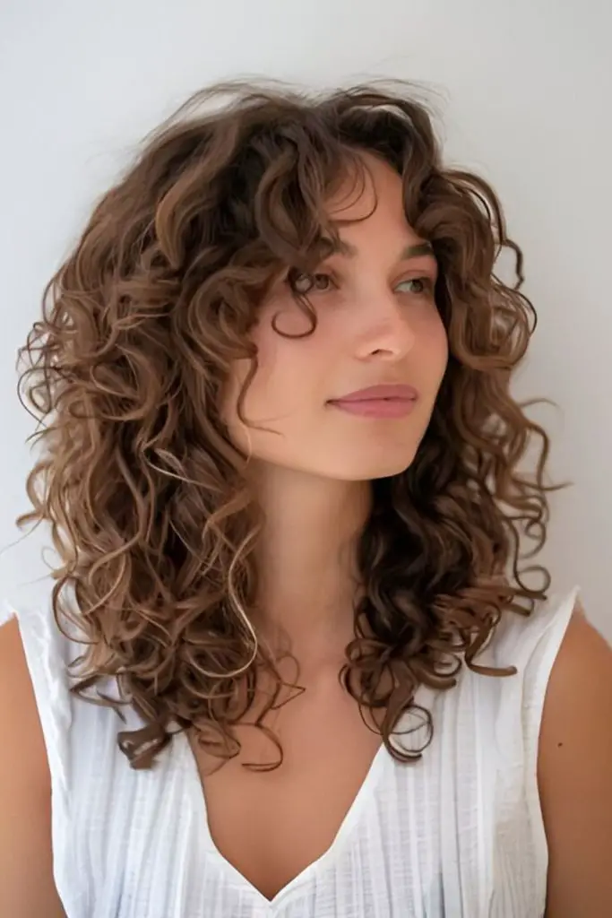 Shoulder grazing layers framing curly hair.