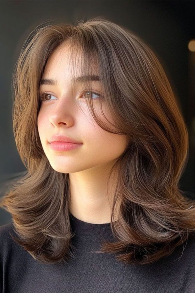Shoulder-length curtain bangs hairstyle idea