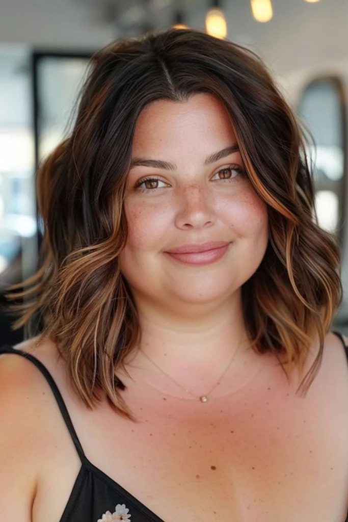 Shoulder length wavy lob haircut women