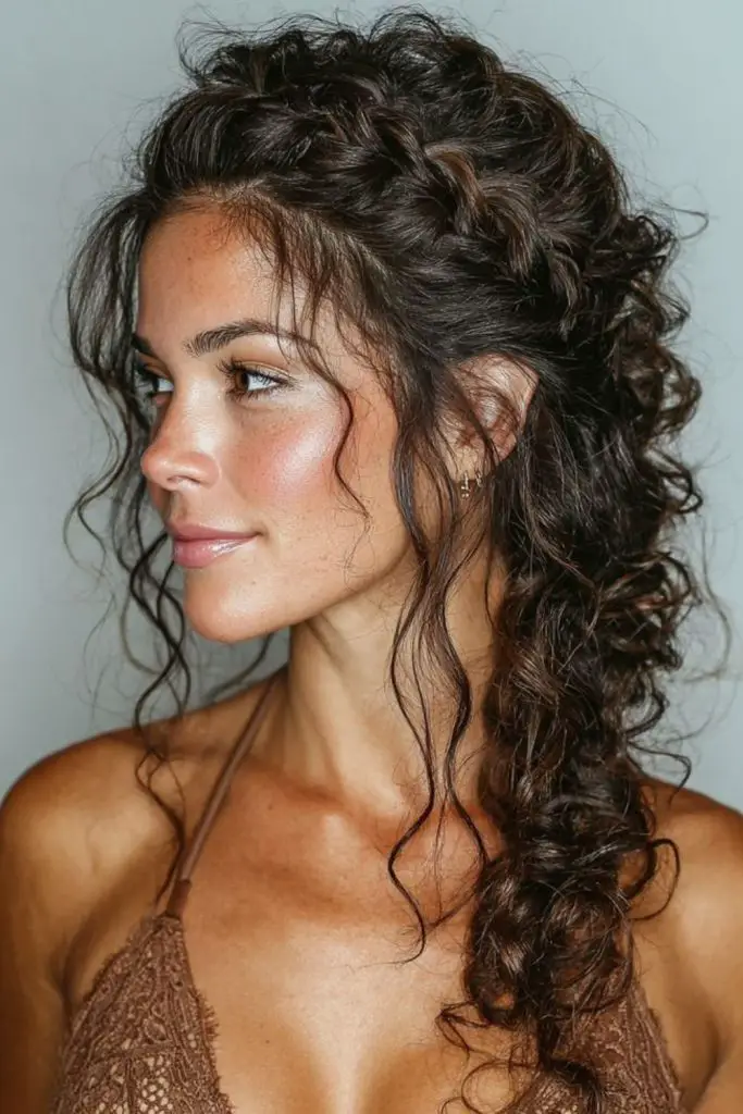 Side braid cascade with flowing curls.