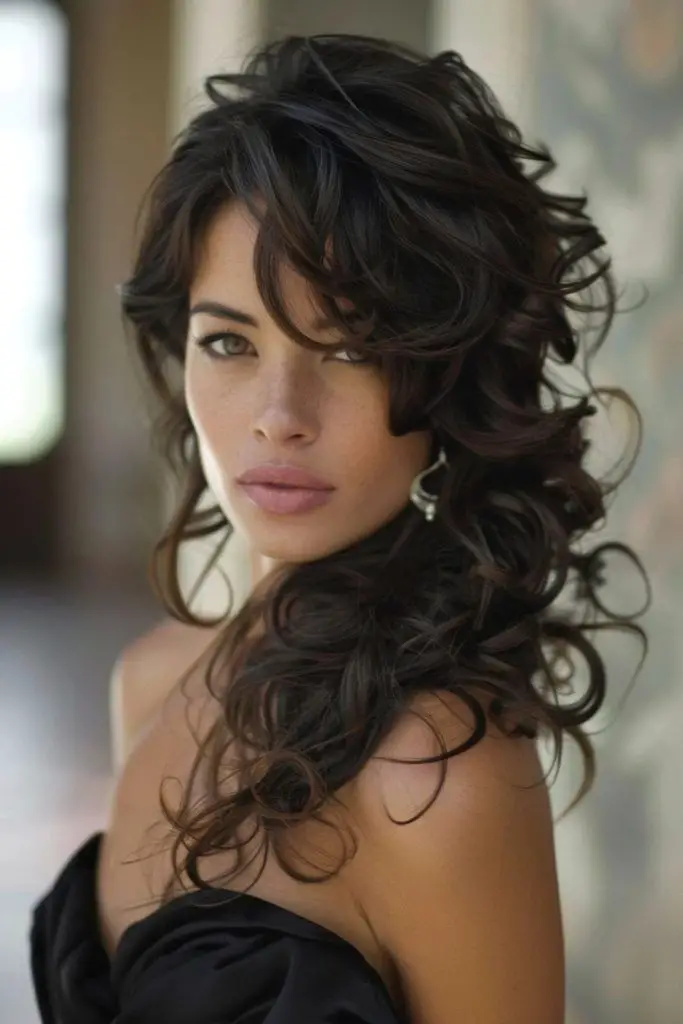 Side part glamour with curly volume.