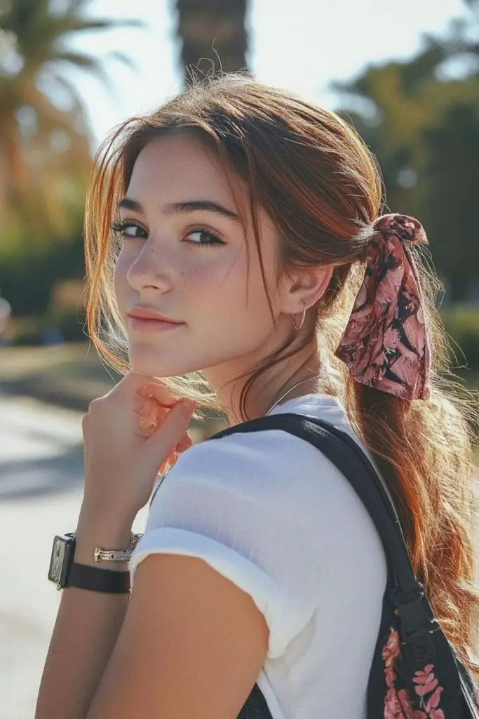 Low ponytail draped to side.