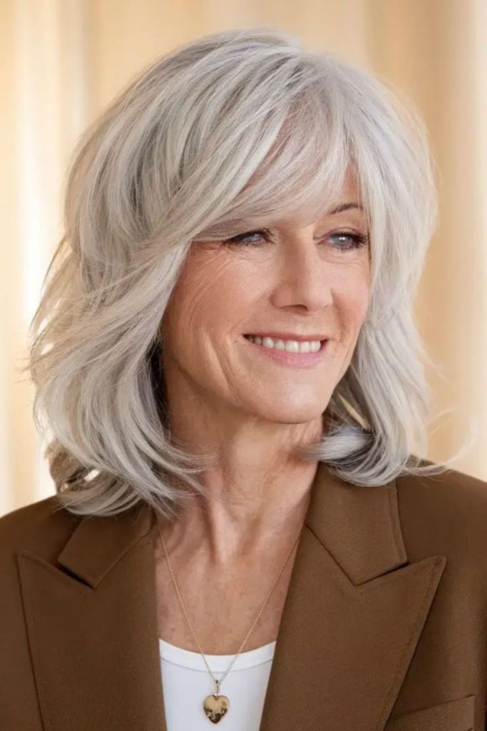 Side-swept medium haircut with bangs.