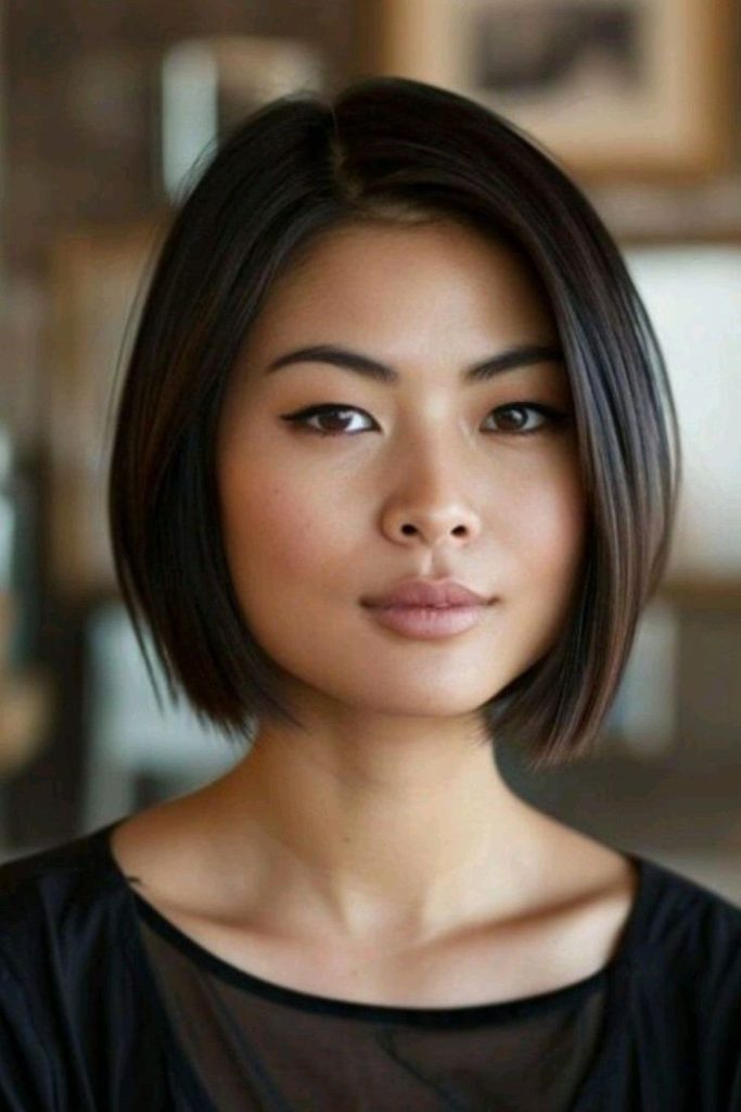 Sleek angled bob haircut for round faces