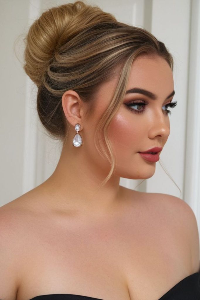 Sleek chignon hairstyle elongates face elegantly