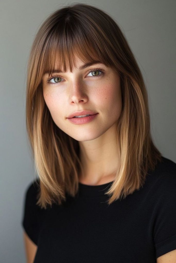 Sleek lob haircut with arched bangs