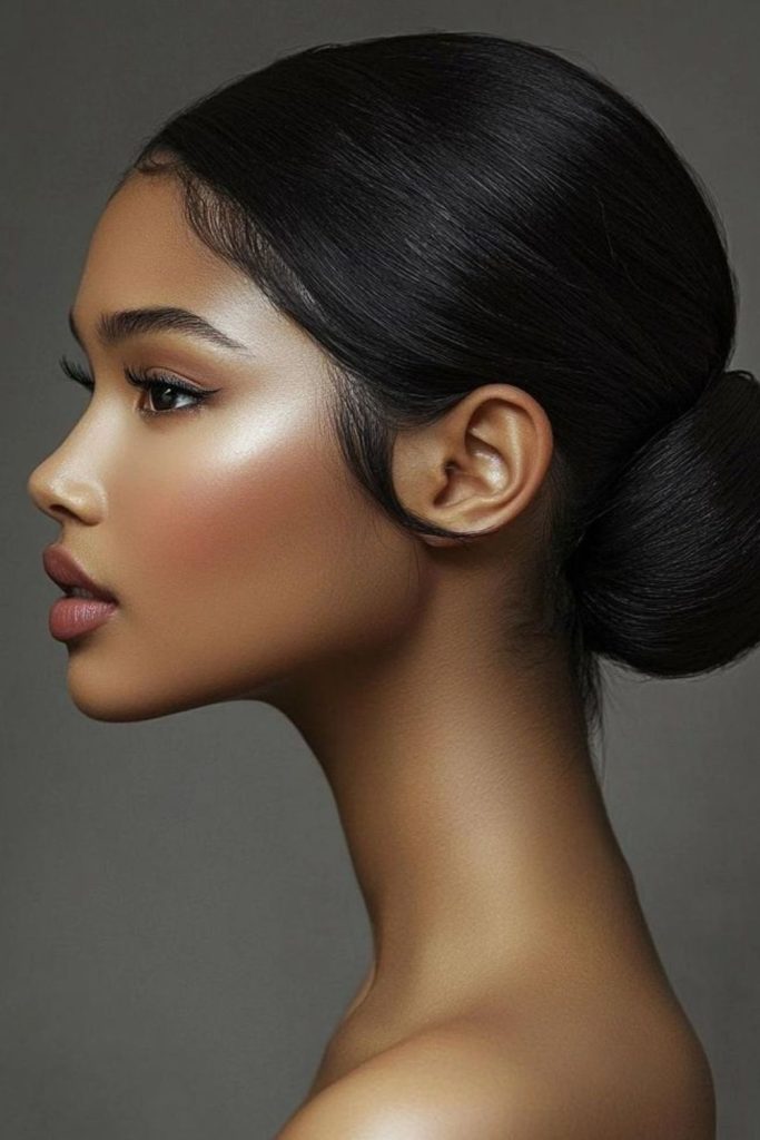 Sleek low bun glowing hairstyle