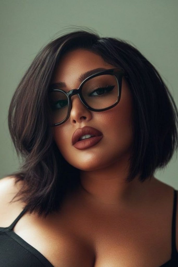 Sleek side-swept hairstyle for slimming effect.