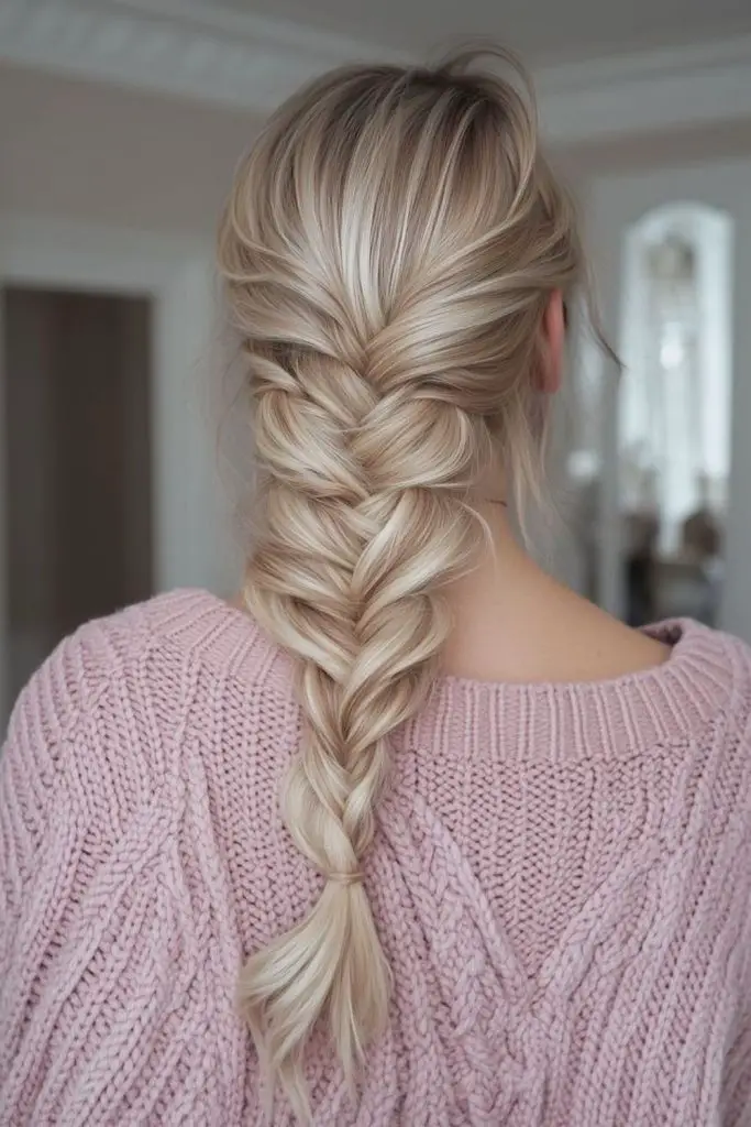 Relaxed fishtail braid with frosted highlights.