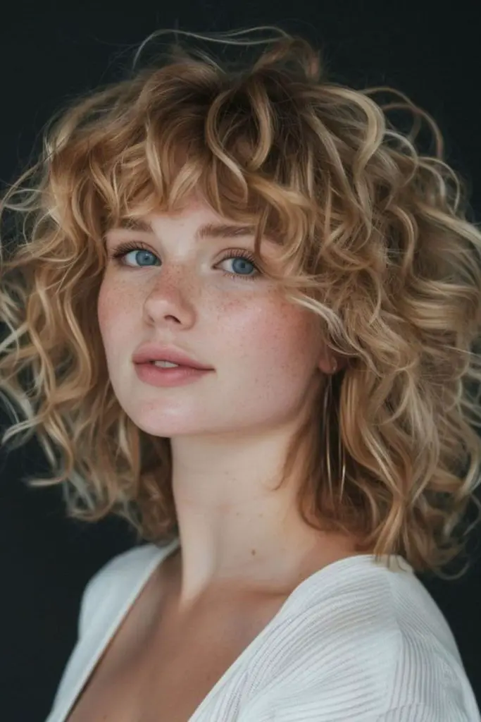 Textured bang focus framing curly eyes.