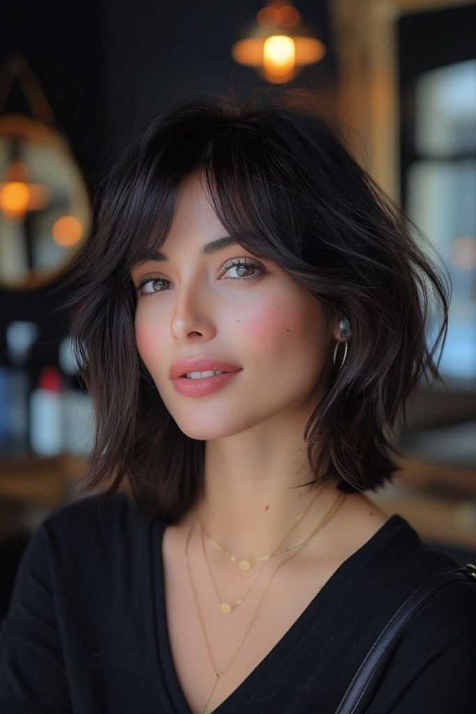 Textured lob cut with curtain bangs