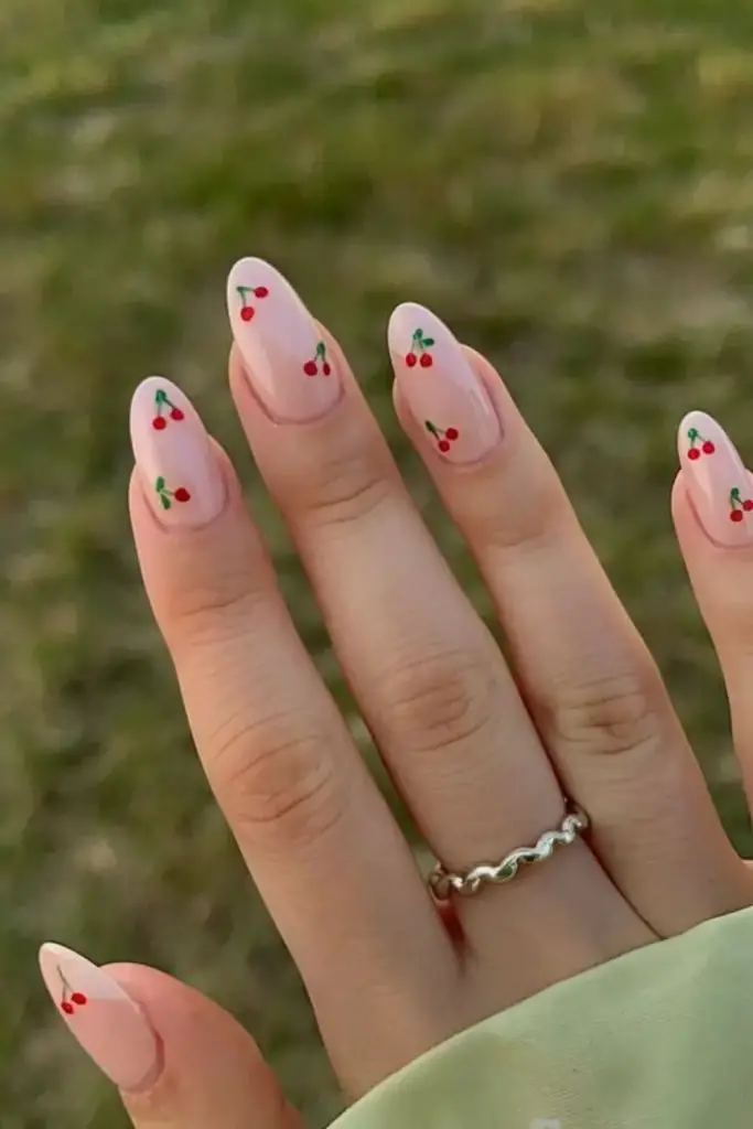 Cute tiny cherry fruit nail art