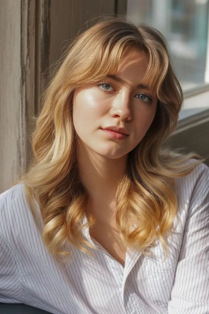 Tousled layered curtain bangs hairstyle