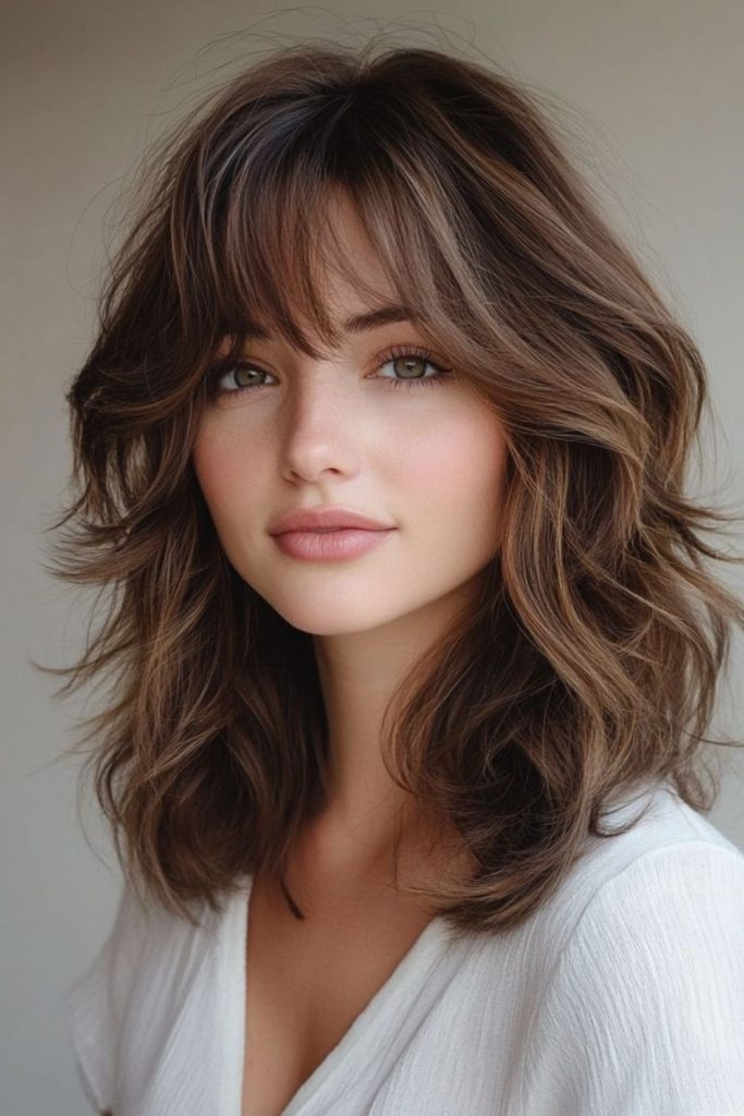Tousled wavy lob with wispy bangs