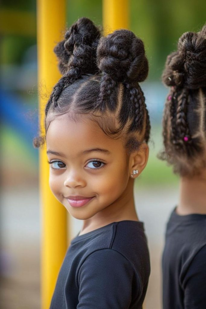 Spiral puff braids twisting upward playfully.