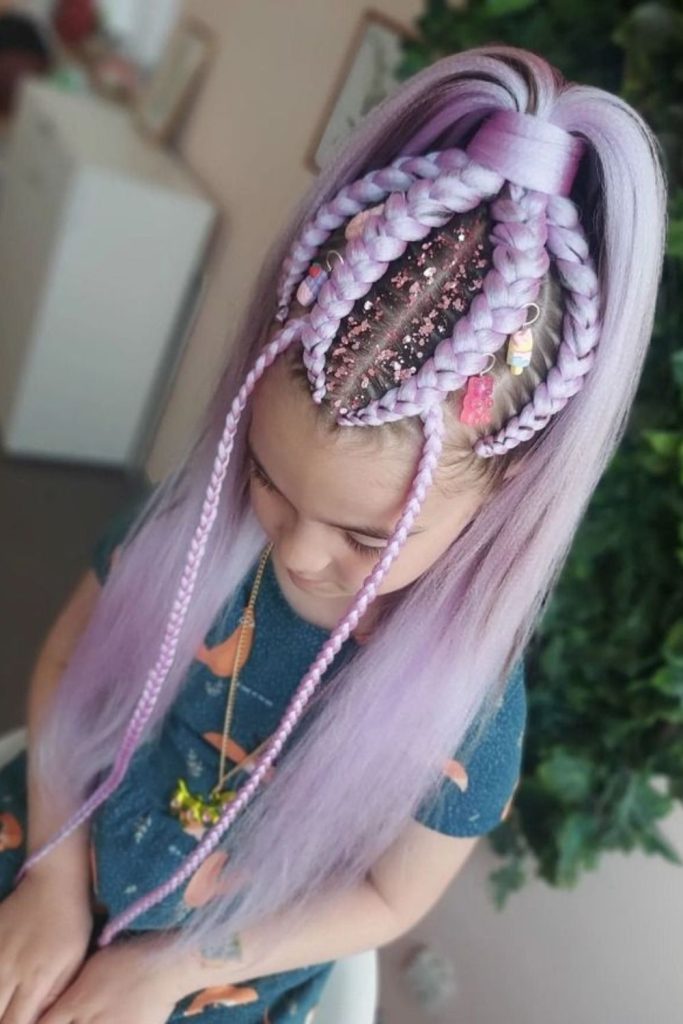Unicorn horn braid with pastel flair.