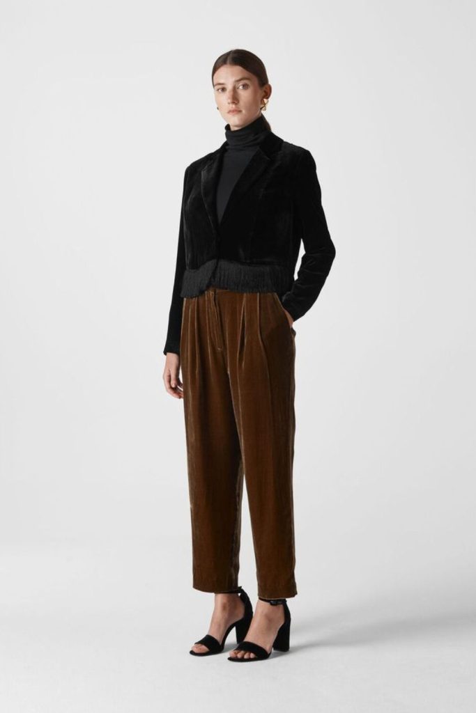 Velvet trousers with cropped winter jacket