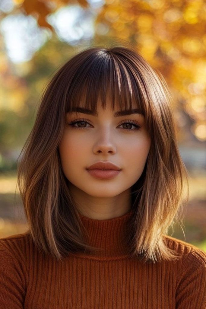 Voluminous lob haircut with rounded bangs