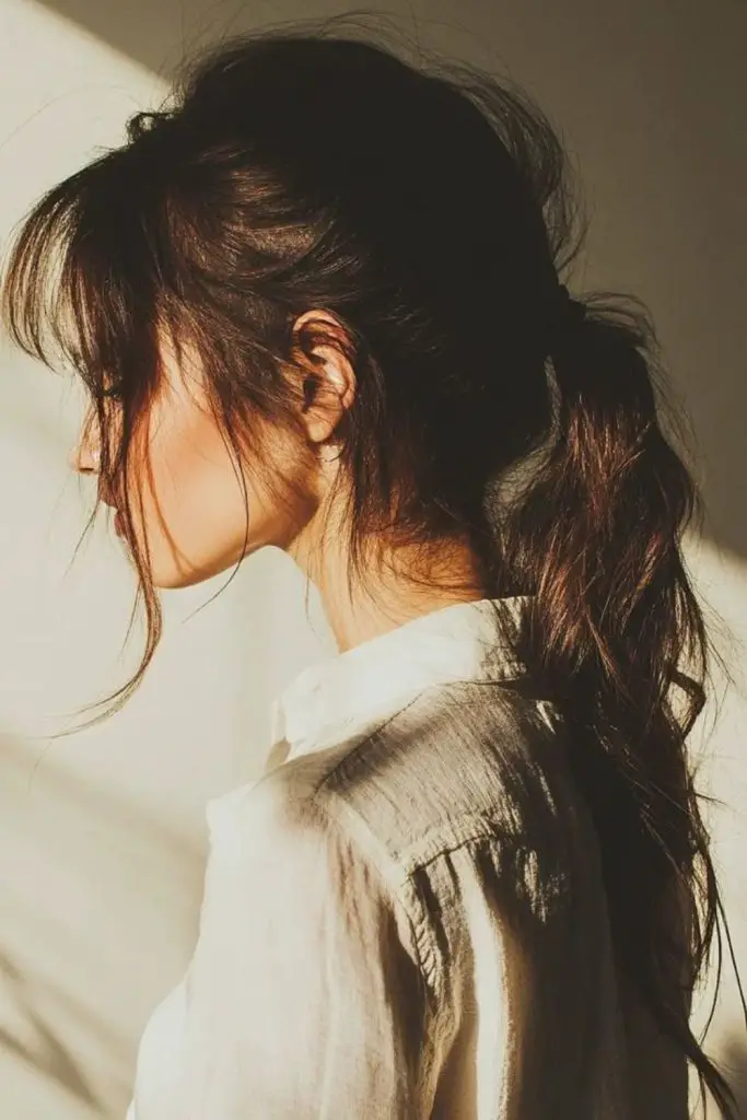 Lifted teased ponytail with volume.