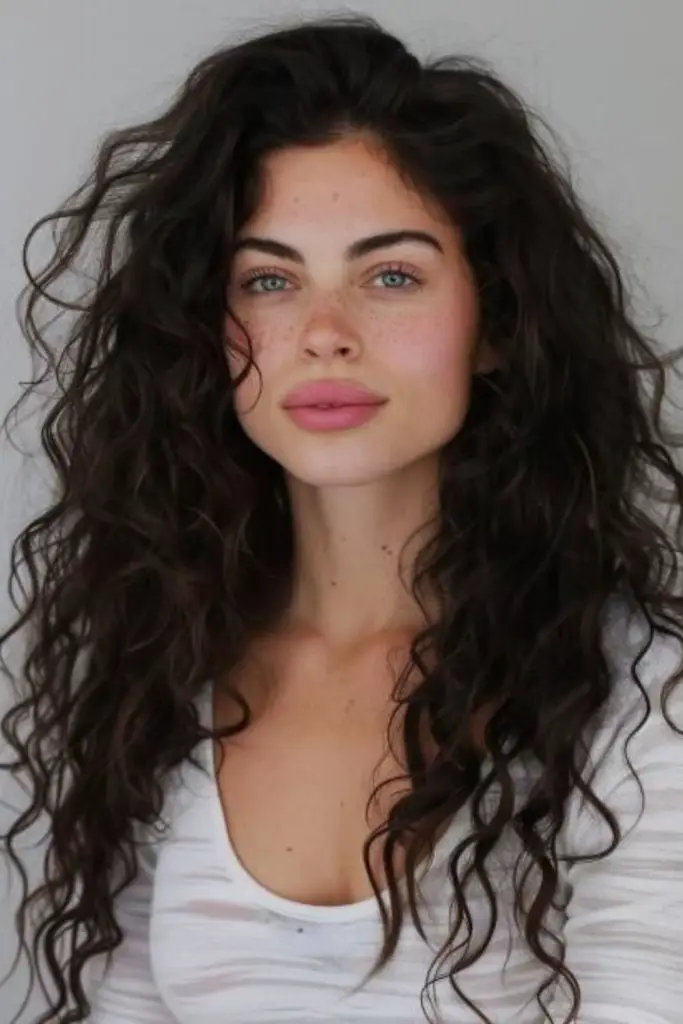 Wind-swept curls styled with natural motion.