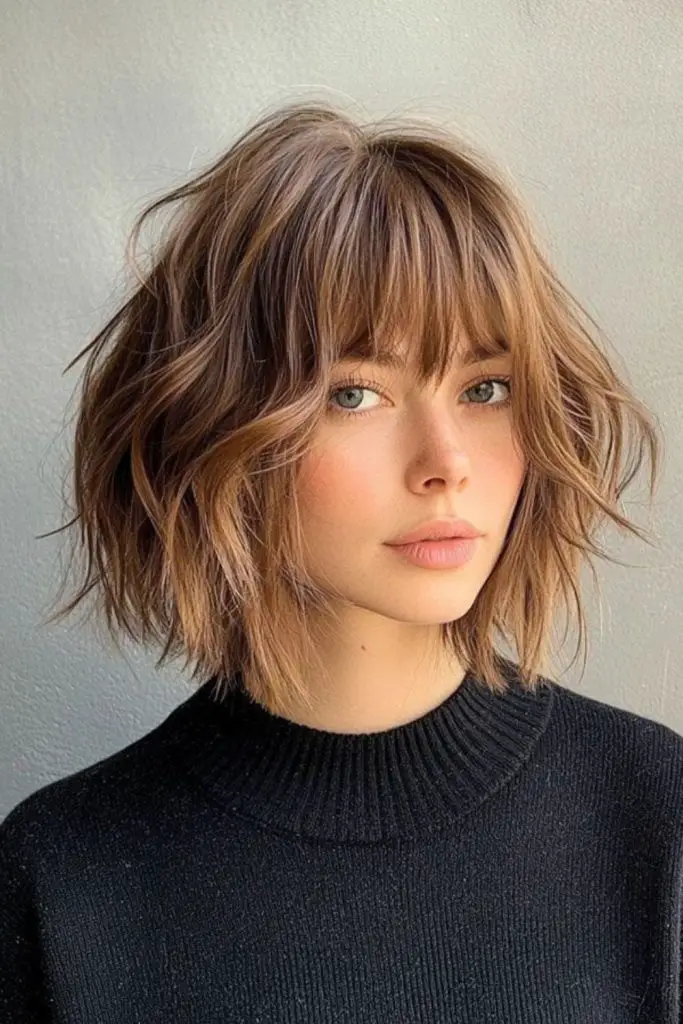 Windswept messy bob with tousled bangs
