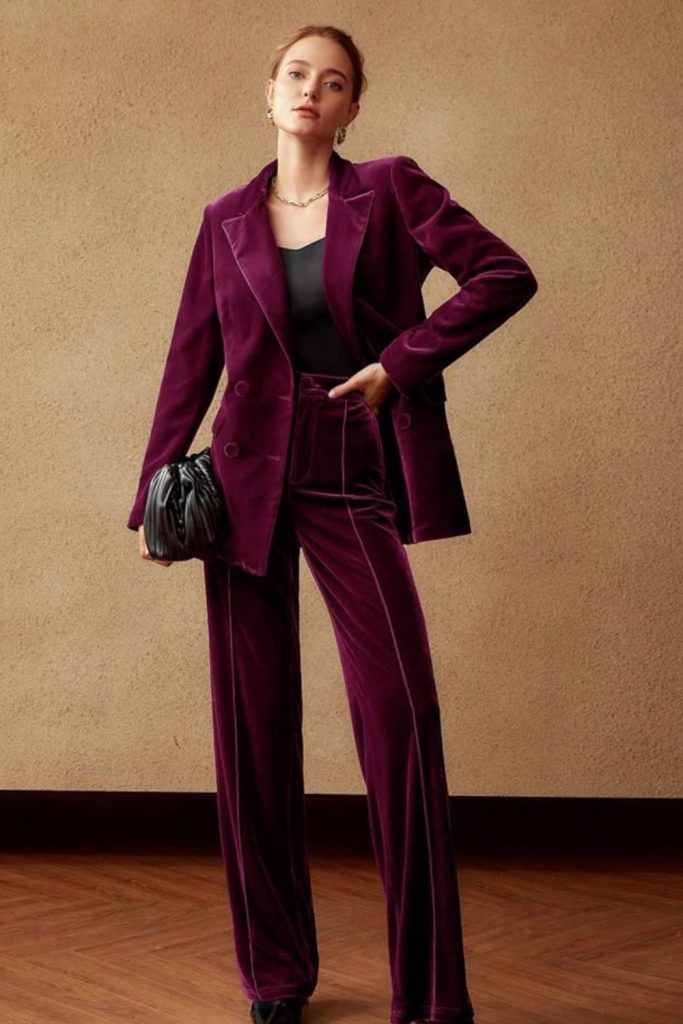 Wine velvet blazer with wide trousers
