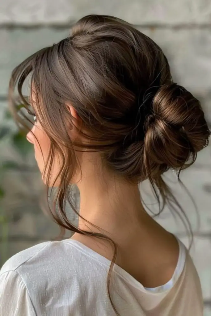 Smooth wrapped bun at nape.